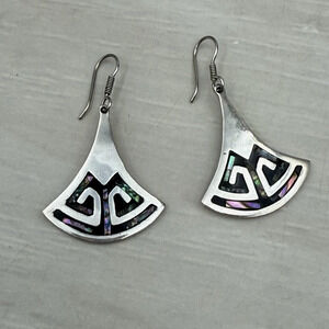 Vintage Taxco Mexico Aztec 925 Sterling Silver Abalone Onyx Earrings 14.9 g